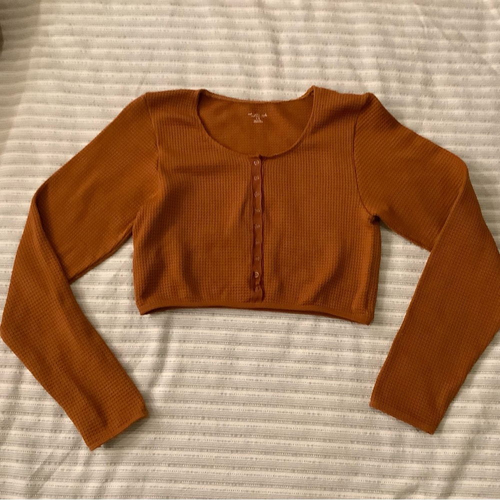 Out from Under Urban Outfitters Cropped Waffle Henley Top Long sleeve Rust top